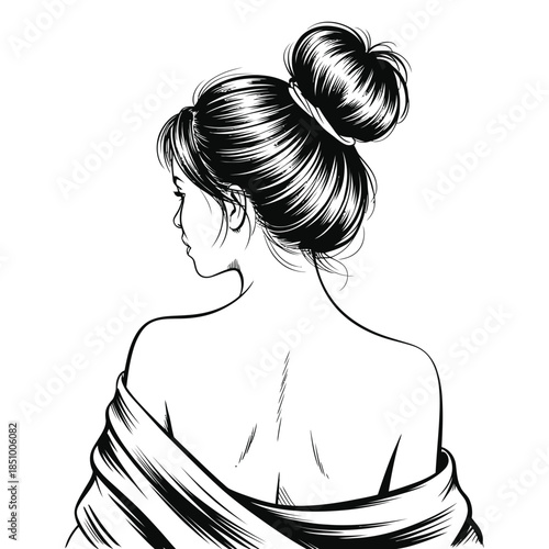 A black and white sketch of a woman with a messy bun and bare shoulders looking away