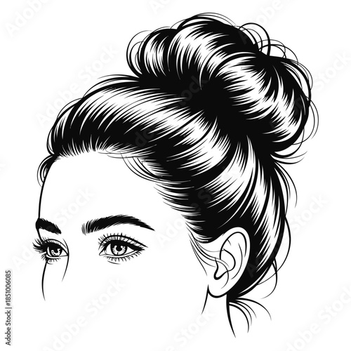 A black and white line art illustration of a woman with a trendy messy high bun hairstyle.