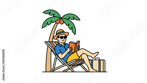 Man Relaxing Under Palm Tree Reading Book on Beach Chair.
