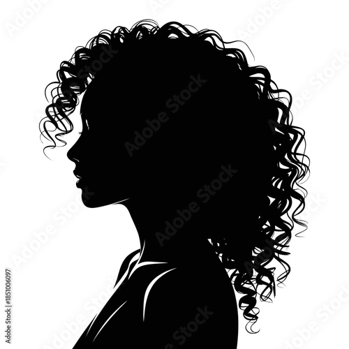 A silhouette profile view of a woman with voluminous curly hair against a white background