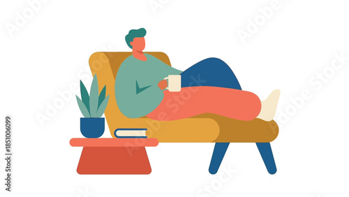Man relaxing on a comfortable armchair holding a mug.