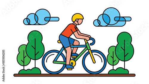Man riding a bicycle wearing a helmet and casual clothing.