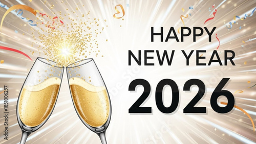 Happy new year 2026 celebration with champagne glasses and confetti