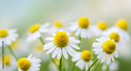 Field of White Chamomile Flowers with Yellow Centers and Water Droplets petals