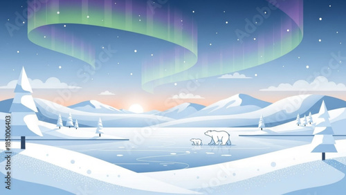 A serene winter landscape with a mother polar bear and cub on a frozen lake under the aurora