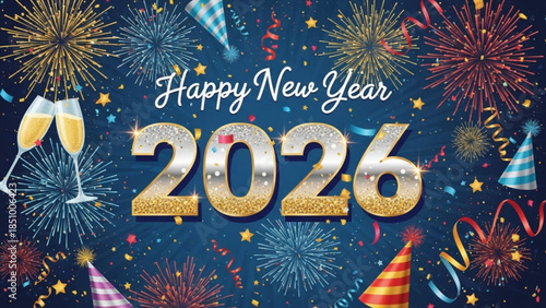 Happy new year 2026 celebration with fireworks and champagne against a starry night background
