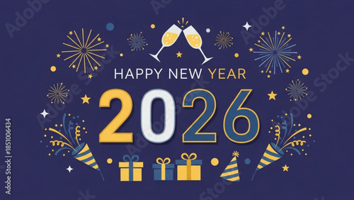 Happy new year 2026 celebration with fireworks, champagne and gifts