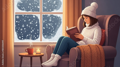 Woman wearing winter clothes sitting in chair reading book by snowy window with hot drink and candle