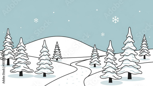 Snowy landscape with pine trees on rolling hills, serene winter scene with winding road and snowfall