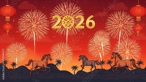 Chinese new year 2026 celebration with horses, fireworks and lanterns on orange background