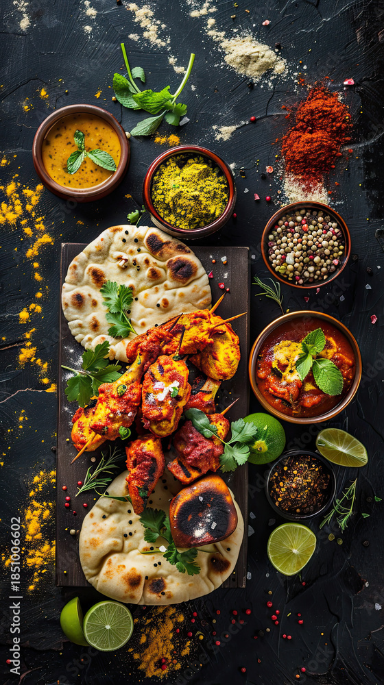 Fototapeta premium South Asian cuisine served with warmth and balanced colors. Generative AI