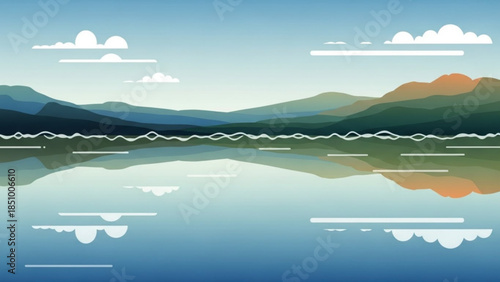Serene mountain lake landscape with calm water reflection, blue sky and white clouds, green hills