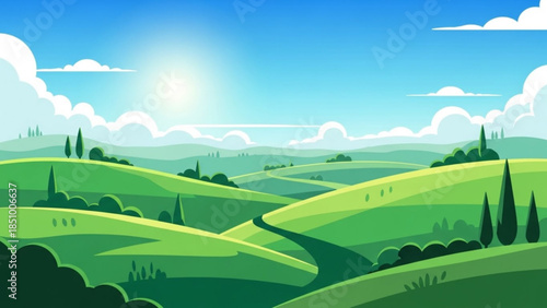 A serene green rolling hills landscape with a bright blue sky and white clouds