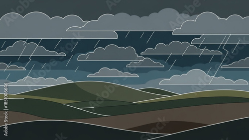 A dark ominous landscape with rolling hills and rain falling from cloudy sky