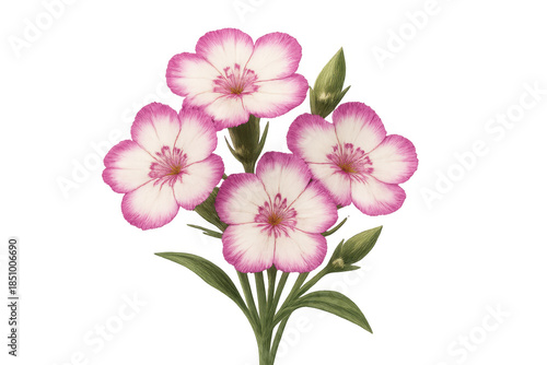 Pink dianthus flowers botanical illustration with leaves and buds, vintage flowering plant on transparent background