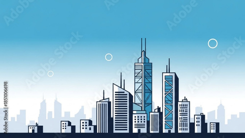 Cityscape with modern skyscrapers and buildings under blue gradient sky with white bubbles floating