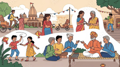 Traditional indian people celebrating cultural festival with kite flying and music