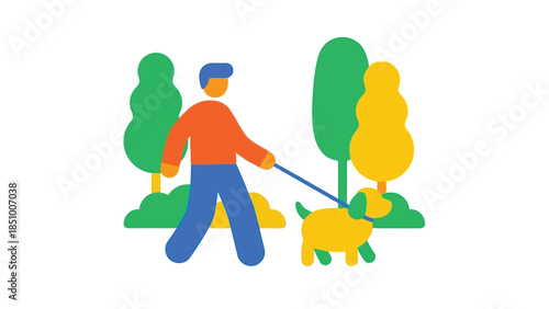 Man walking his dog in a park on a sunny day.