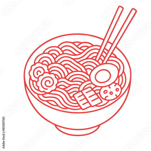 Cute noodle bowl with chopsticks and toppings in a simple playful style. Bold clean outlines, easy to color, perfect for kids coloring books and food themes.