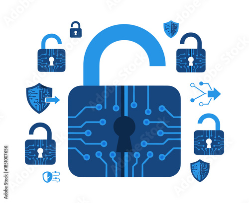 Digital cybersecurity concept showing open padlock and circuit board