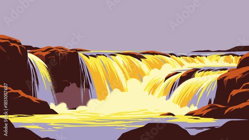 Golden Cascades - A Vector Illustration of a Powerful Waterfall.