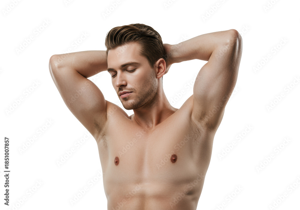 Fototapeta premium Young caucasian man, mid-20s, shirtless, eyes closed, gently touching his hairless underarm in a transparent studio with copy space, radiating serenity. Concept of personal well-being