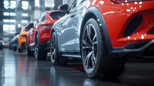 Showroom of various colored cars