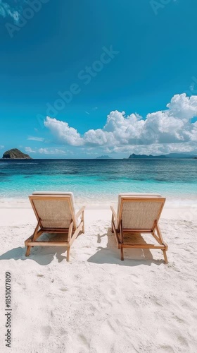 Two wooden beach chairs under palm trees by the ocean, suitable for a mobile wallpaper.