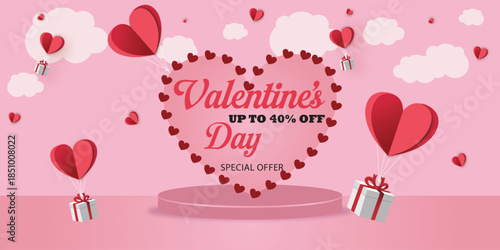 Valentine’s Day Sale Background with Heart Balloons and Podium