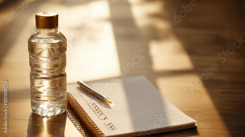 Still Life Shot of a Bottle of Water and a Notebook with a Pen