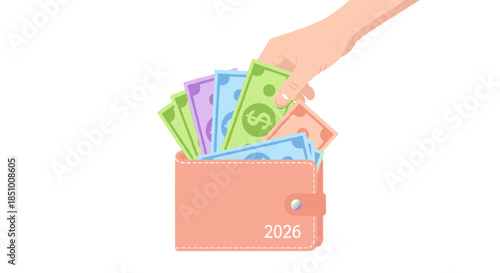 A hand places colorful dollar bills into a stylish pink wallet, symbolizing financial transactions, savings, and the concept of earning or spending money.