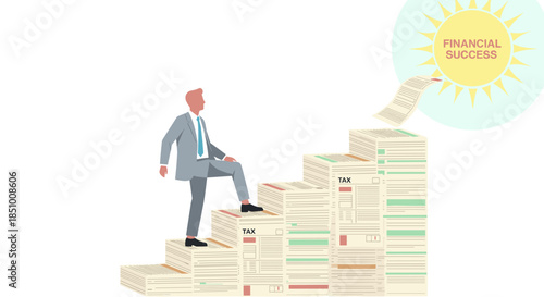 A determined businessman ascends a staircase of financial documents, symbolizing his journey towards achieving significant economic success and prosperity.