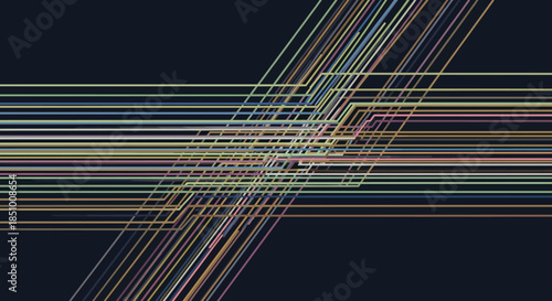Dynamic abstract digital background featuring an intricate network of colorful intersecting lines, creating a sense of movement and modern technology.