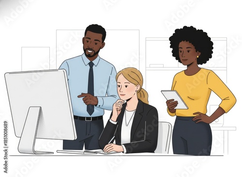 Diverse Business Team Collaborating at Office Desk with Computer and Notes