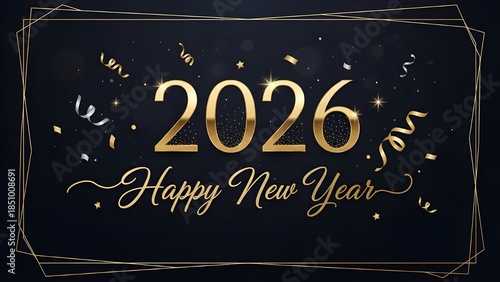 Happy New Year 2026 Gold Lettering with Confetti on Dark Background