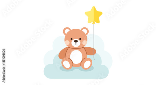 An adorable cartoon teddy bear sits gently on a soft blue cloud, holding a bright yellow star balloon, perfect for children's designs and baby announcements.