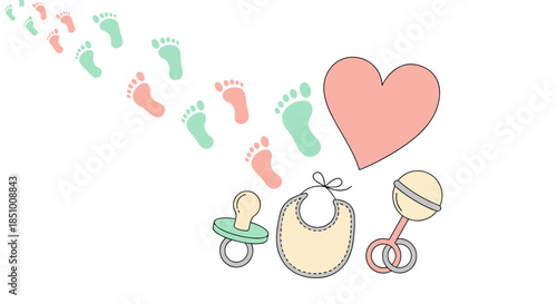A charming illustration featuring baby footprints in pink and blue, leading towards a heart, pacifier, bib, and rattle, symbolizing new life and parental love.