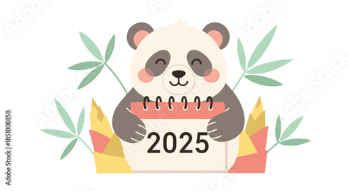 An adorable cartoon panda bear smiles sweetly while holding a calendar displaying the year 2025, surrounded by lush green bamboo shoots, symbolizing a fresh start and the upcoming new year.
