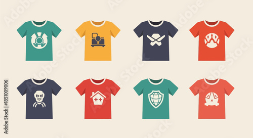 Collection of eight colorful t-shirts with various white logos and symbols arranged on a beige background in a flat lay composition.