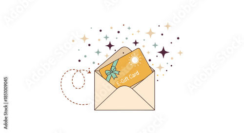 A beautifully designed gift card with a delicate bow emerges from an elegant envelope, surrounded by sparkling stars, symbolizing a delightful surprise.