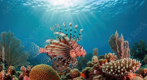 Wallpaper Mural Lionfish swims amidst coral reef, light streaming through clear, blue water Torontodigital.ca