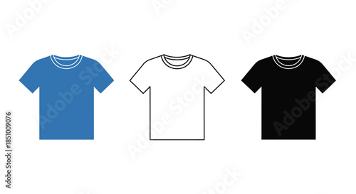 Flat lay of three short-sleeved T-shirts in blue, white, and black with crew necks on a plain white background.
