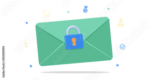 Secure email communication is visually represented by a vibrant green envelope adorned with a prominent blue padlock, symbolizing digital protection and privacy.