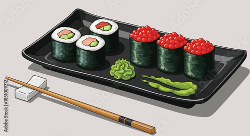 A black tray of assorted sushi rolls with chopsticks on a plain background, with wasabi and ginger.