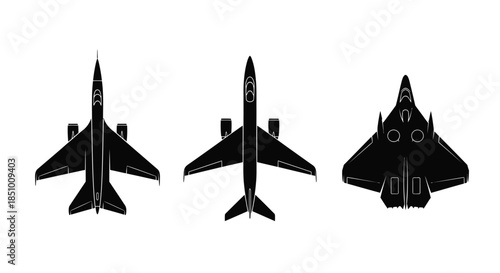 Three black silhouettes of fighter jets in different views on a white background with a minimalist style.