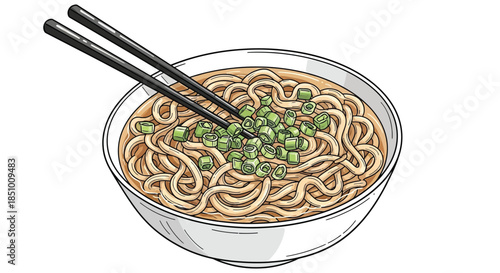 A bowl of noodles with chopsticks and green garnish on a white background in a digital illustration style with warm tones.