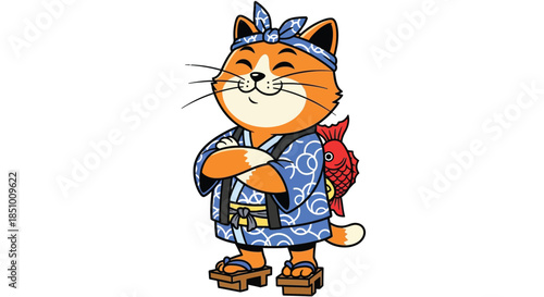 Illustration of a cartoon orange cat wearing a blue outfit and headband with a red backpack standing confidently on a plain white background.