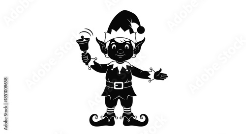 A cheerful cartoon elf wearing a Santa hat holds a bell and gestures in a playful pose against a plain white background with a black and white color scheme.