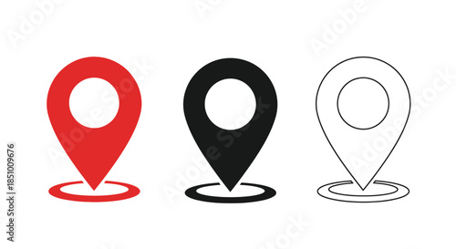 Three map pin icons in red, black, and white, arranged side by side on a plain white background.