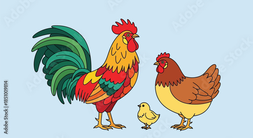 Illustration of a colorful rooster, hen, and chick standing together against a light blue background.